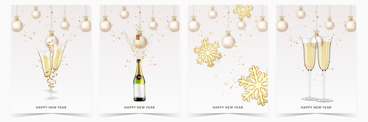 Fototapeta premium New Year greeting card with champagne bottle, wineglasses, snowflake and christmas balls.