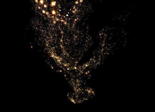 Gold particles flow or golden dust smoke with spray effect background. Glitter fragrance or golden shimmer glow, magic light sparkles and shiny fluid flares