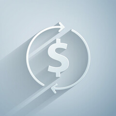 Paper cut Financial growth and dollar coin icon isolated on grey background. Increasing revenue. Paper art style. Vector