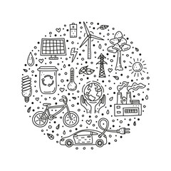 Doodle ecology and environment icons in circle.