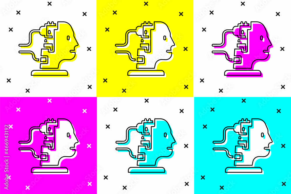 Poster set robot connected for maintenance icon isolated on color background. artificial intelligence, mach