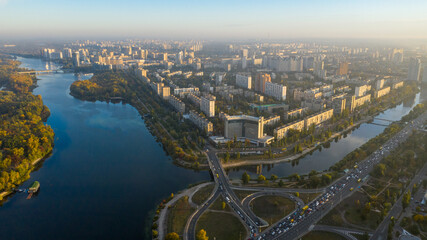Beautiful autumn city of Kiev in the morning rays