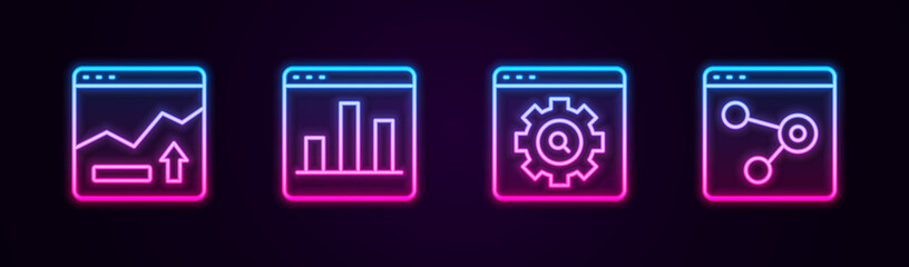 Set line Financial growth increase, Graph chart infographic, Browser setting and window. Glowing neon icon. Vector
