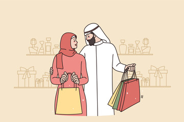 Rich Saudi Arabia man and woman shopping in mall or shop together. Loving Arabic husband and wife with bags in perfume store. Asian culture, diversity concept. Flat vector illustration. 