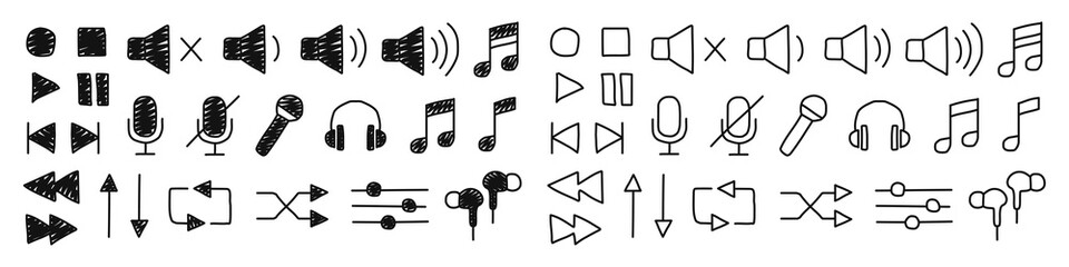 Music icons. Hand-drawn set. Audio. Vector illustration