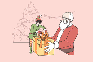 Little elf help smiling Santa Claus pack New Year presents for children. Small happy helper and father Christmas prepare gifts surprises for kids on winter holiday vacation. Vector illustration. 