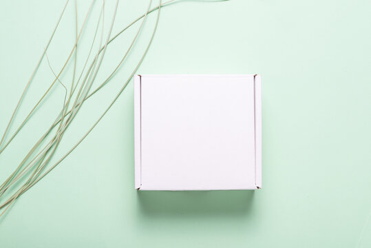 White cardboard box decorated with grass leaf