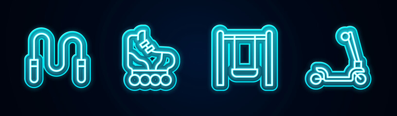 Set line Jump rope, Roller skate, Swing and scooter. Glowing neon icon. Vector