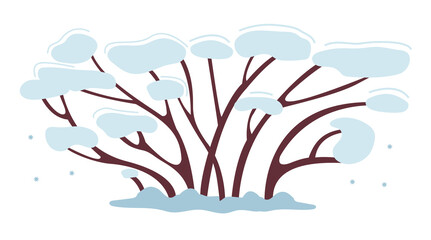 Obraz premium Brown tree or bush in the snow. It grows in winter, the wind blows and bends the branches. Decor for New Year winter design. Simple vector illustration in flat style isolated on white background.