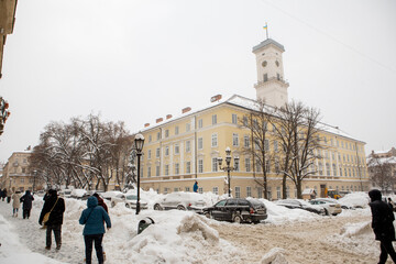 Lviv, Ukraine - February 12, 2021: city streets after snowstorm