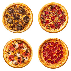 Isolated collage of various types of pizza on white
