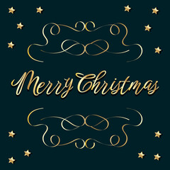 Vector golden lettering merry christmas with stars on dark background