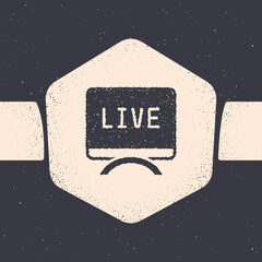 Grunge Live report icon isolated on grey background. Live news, hot news. Monochrome vintage drawing. Vector