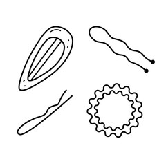 Hair accessories doodle style, vector illustration of hair bands and hairpins. Web barber icons or hairstyles concept.