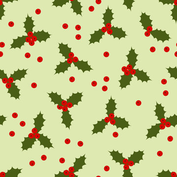 Seamless Christmas background with red and green holly flowers design.