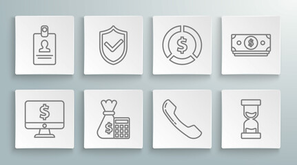 Set line Computer monitor with dollar symbol, Shield check mark, Calculator money bag, Telephone handset, Old hourglass flowing sand, Coin, Stacks paper cash and Identification badge icon. Vector