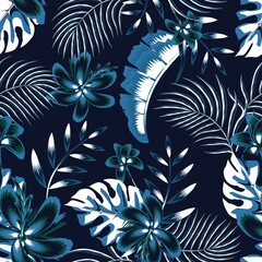 vintage seamless background vector design with light tropical monstera palm leaves and plants foliage on dark background. vector design. Exotic tropics. Summer design. print texture. jungle . forest. 