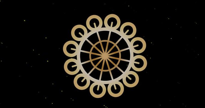 Animation of gold circular design over white stars moving on black background