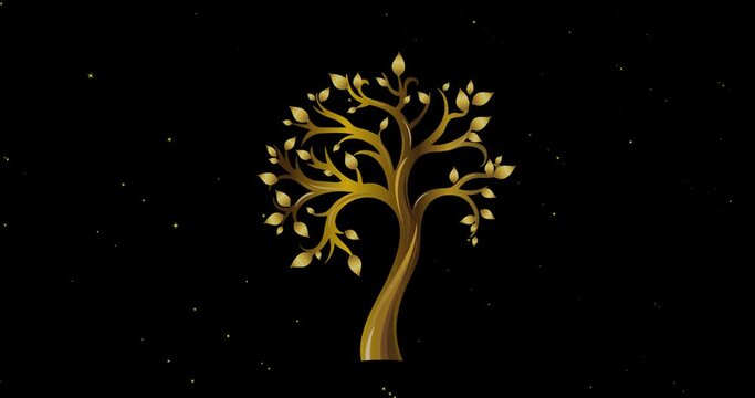 Animation of gold tree over white stars moving on black background