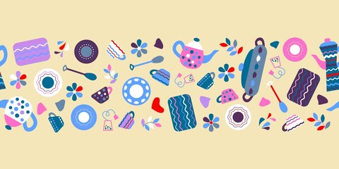 Seamless pattern set of kitchen utensils for design. Set of plates and saucepans, spoons and mugs, boards and teapots for lunch. Seamless border for decor cooking or coffee break. Vector illustration.