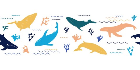 Seamless pattern of whales swimming among waves and corals. Ornament of silhouettes for design. Seamless border collection of underwater sea mammals with fins and tails. Vector isolated illustration.