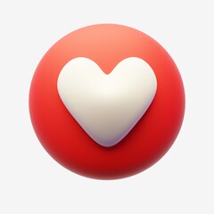 3d social media icon of like heart on the red button to comment, follower, approve feedback, good rating concepts. Rendering illustration of cute cartoon web sign isolated on the white background.