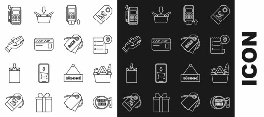 Set line Signboard hanging with an inscription shop here, Paper check financial check, Pos terminal inserted credit card, Credit, Human hand holding, and Price tag Sale icon. Vector
