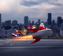 Santa claus delivers gifts with a fast space rocket