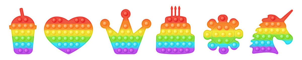 Set of birthday forms pop it a fashionable rainbow fidget toys. Addictive anti stress toy in bright colors. Bubble sensory trendy popit for kids. Vector illustration isolated on a white background.