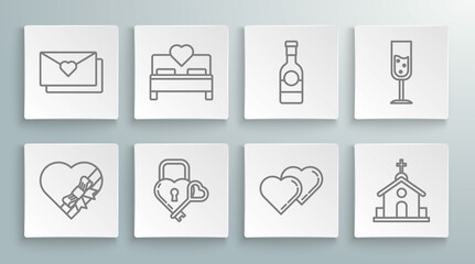 Fototapeta na wymiar Set line Candy in heart shaped box and bow, Bedroom, Castle the of key, Two Linked Hearts, Church building, Champagne bottle, Glass champagne and Envelope with Valentine icon. Vector