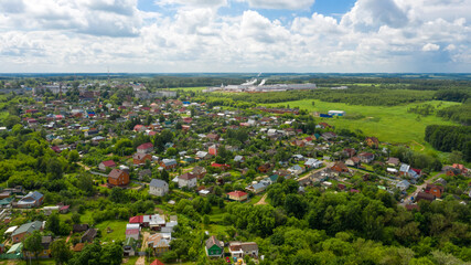 Top view of a scenic view from a drone on the city of Kashira, one of the oldest cities in the Moscow region on the banks of the Oka River, Russia