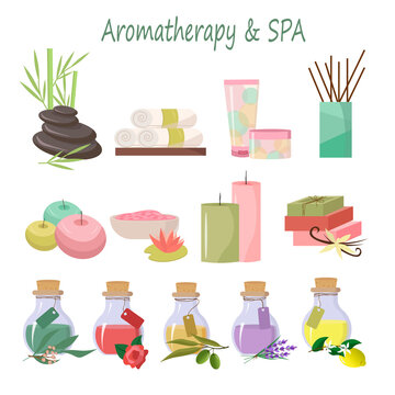 A set of pictures for spa treatments and aromatherapy. Oil bottles and massage stones, pink salt, handmade soap and towels, candles and face and body cream. Vector illustration isolated on white