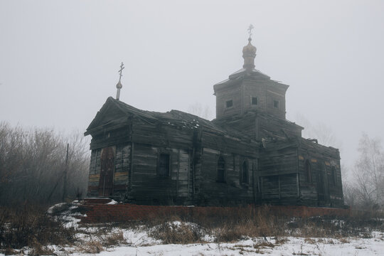 Old abandoned wooden ruined Russian church of Athanasius the Great in Lower Babino, Kursk region