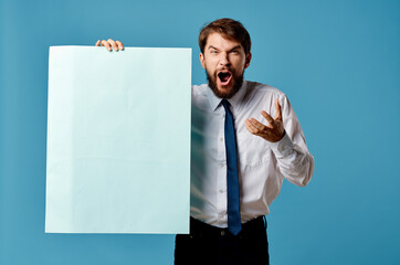 Cheerful man blue banner copy-space advertising presentation isolated background