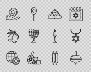 Set line World Globe and Israel, Hanukkah dreidel, Jewish sweet bakery, coin, on hand, menorah, Torah scroll and Star of David necklace chain icon. Vector