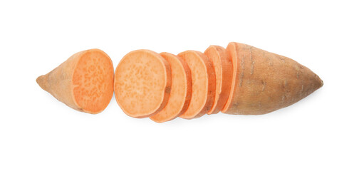 Cut ripe sweet potato on white background, top view