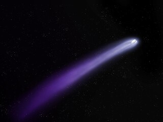 Bright comet in the night sky with a long tail of gas and dust against the background of stars 3d illustration.