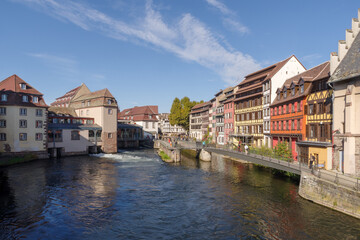 Fototapeta na wymiar Houses on a canal in Petite France district in Strasbourg