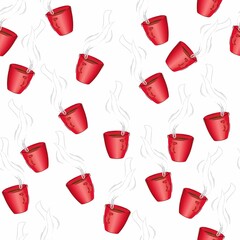 Background with red porcelain mugs. Autumn and winter background. Vector seamless pattern with red cups. Illustration for a coffee house, restaurant, kitchen.