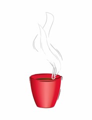 Red porcelain mug with a hot drink. Cup with hot coffee or tea. Vector illustration with red cup.