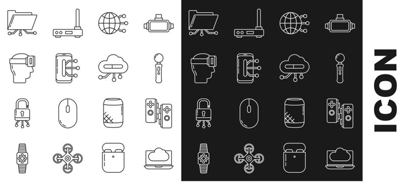 Set line Cloud technology data transfer and storage, Gamepad, Global social network, Smartphone, mobile phone, Virtual reality glasses, Folder lock and Internet of things icon. Vector