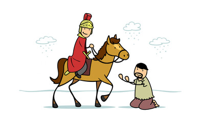 Sankt Martin auf Pferd begegnet Bettler im Winter