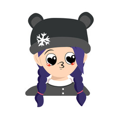 Girl with big heart eyes and kiss lips and blue hair in bear hat with snowflake. Cute child with happy face in winter headdress. Head of adorable kid with emotions