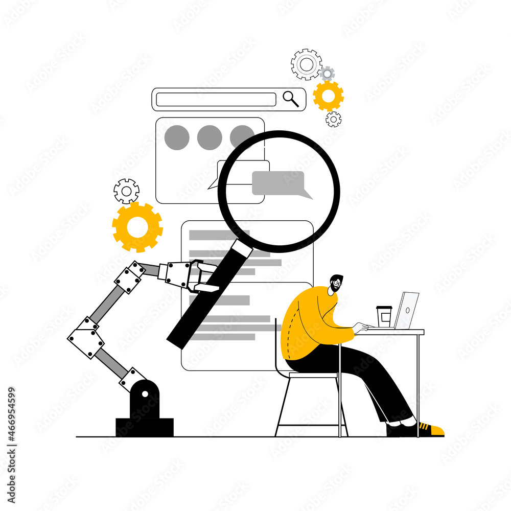 Aufkleber a robotic arm with a magnifying glass searches for bugs in a mobile application. vector illustration