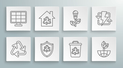 Set line Recycle symbol, Eco House with recycling, inside shield, bin recycle, Earth globe and leaf, Light bulb, Recharging and Solar energy panel icon. Vector