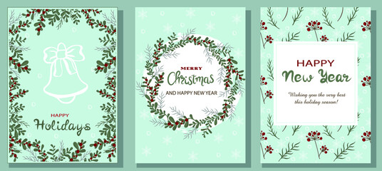 Delicate Merry Christmas and Happy new year greeting cards. Modern creative universal templates with Christmas plants and snowflakes. Vector illustration