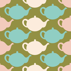 Vector seamless pattern with silhouettes of teapots arranged chequerwise. Design with hand drawn teapots.