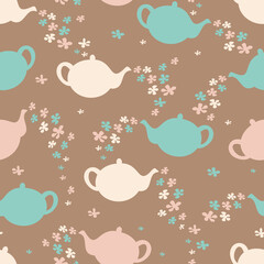 Vector seamless pattern with teapots and flowers. Design with silhouettes of teapots.