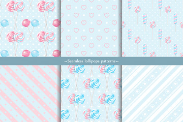 Festive vector realistic striped twisted lollipops seamless patterns set. Collection of backgrounds with three-dimensional spiral colorful glossy candies on sticks and hearts for valentine's day