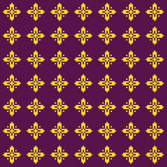 simple vector pixel art multicolored seamless pattern of golden ethnic abstract floral patterns on a purple background